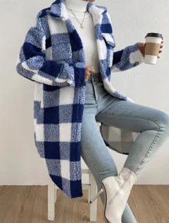 Sale Women's Fleece Jacket Teddy Coat Warm Breathable Pocket Fleece Lined Casual Plaid Vacation Street Daily Wear Going out Single Breasted Long Turndown Regular Fit Long Sleeve Outerwear Black Blue Women Coats & Trench Coats