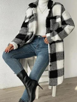 Sale Women's Fleece Jacket Teddy Coat Warm Breathable Pocket Fleece Lined Casual Plaid Vacation Street Daily Wear Going out Single Breasted Long Turndown Regular Fit Long Sleeve Outerwear Black Blue Women Coats & Trench Coats