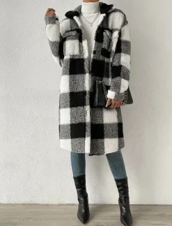 Sale Women's Fleece Jacket Teddy Coat Warm Breathable Pocket Fleece Lined Casual Plaid Vacation Street Daily Wear Going out Single Breasted Long Turndown Regular Fit Long Sleeve Outerwear Black Blue Women Coats & Trench Coats