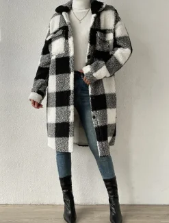 Sale Women's Fleece Jacket Teddy Coat Warm Breathable Pocket Fleece Lined Casual Plaid Vacation Street Daily Wear Going out Single Breasted Long Turndown Regular Fit Long Sleeve Outerwear Black Blue Women Coats & Trench Coats