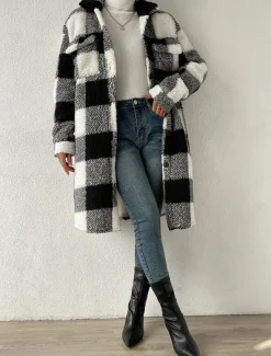 Sale Women's Fleece Jacket Teddy Coat Warm Breathable Pocket Fleece Lined Casual Plaid Vacation Street Daily Wear Going out Single Breasted Long Turndown Regular Fit Long Sleeve Outerwear Black Blue Women Coats & Trench Coats