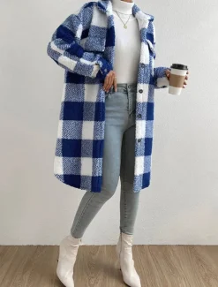 Sale Women's Fleece Jacket Teddy Coat Warm Breathable Pocket Fleece Lined Casual Plaid Vacation Street Daily Wear Going out Single Breasted Long Turndown Regular Fit Long Sleeve Outerwear Black Blue Women Coats & Trench Coats