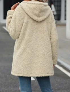 Online Women's Fleece Jacket Teddy Coat Hoodie Jacket Warm Breathable Zipper Pocket Fleece Lined Casual Plain Vacation Street Daily Wear Going out Zipper Regular Hoodie Regular Fit Long Sleeve Outerwear Women Jackets|Coats & Trench Coats
