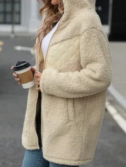 Online Women's Fleece Jacket Teddy Coat Hoodie Jacket Warm Breathable Zipper Pocket Fleece Lined Casual Plain Vacation Street Daily Wear Going out Zipper Regular Hoodie Regular Fit Long Sleeve Outerwear Women Jackets|Coats & Trench Coats