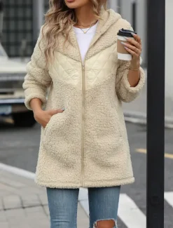 Online Women's Fleece Jacket Teddy Coat Hoodie Jacket Warm Breathable Zipper Pocket Fleece Lined Casual Plain Vacation Street Daily Wear Going out Zipper Regular Hoodie Regular Fit Long Sleeve Outerwear Women Jackets|Coats & Trench Coats
