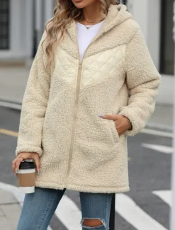 Online Women's Fleece Jacket Teddy Coat Hoodie Jacket Warm Breathable Zipper Pocket Fleece Lined Casual Plain Vacation Street Daily Wear Going out Zipper Regular Hoodie Regular Fit Long Sleeve Outerwear Women Jackets|Coats & Trench Coats