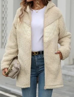 Online Women's Fleece Jacket Teddy Coat Hoodie Jacket Warm Breathable Zipper Pocket Fleece Lined Casual Plain Vacation Street Daily Wear Going out Zipper Regular Hoodie Regular Fit Long Sleeve Outerwear Women Jackets|Coats & Trench Coats