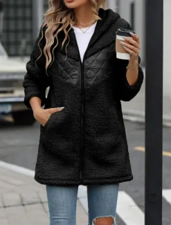 Online Women's Fleece Jacket Teddy Coat Hoodie Jacket Warm Breathable Zipper Pocket Fleece Lined Casual Plain Vacation Street Daily Wear Going out Zipper Regular Hoodie Regular Fit Long Sleeve Outerwear Women Jackets|Coats & Trench Coats