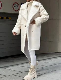 Online Women's Fleece Jacket Teddy Coat Warm Breathable Pocket Fleece Lined Casual Plain Vacation Street Daily Wear Going out Single Breasted Regular Turndown Regular Fit Long Sleeve Outerwear White Khaki Women Puffers & Parka