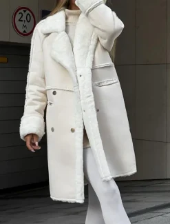 Online Women's Fleece Jacket Teddy Coat Warm Breathable Pocket Fleece Lined Casual Plain Vacation Street Daily Wear Going out Single Breasted Regular Turndown Regular Fit Long Sleeve Outerwear White Khaki Women Puffers & Parka