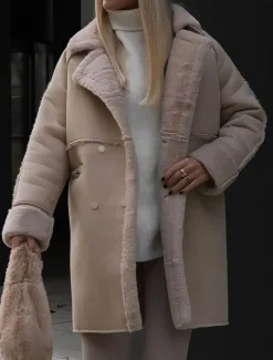 Online Women's Fleece Jacket Teddy Coat Warm Breathable Pocket Fleece Lined Casual Plain Vacation Street Daily Wear Going out Single Breasted Regular Turndown Regular Fit Long Sleeve Outerwear White Khaki Women Puffers & Parka