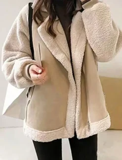 Best Women's Fleece Jacket Teddy Coat Warm Breathable Zipper Pocket Fleece Lined Casual Plain Vacation Street Daily Wear Going out Zipper Regular Turndown Regular Fit Long Sleeve Outerwear Brown Khaki Women Puffers & Parka