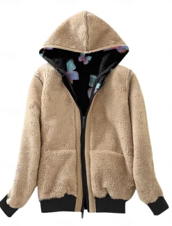 Sale Women's Fleece Jacket Teddy Coat Hoodie Jacket Warm Breathable Zipper Pocket Fleece Lined Casual Butterfly Vacation Street Daily Wear Going out Zipper Regular Hoodie Regular Fit Long Sleeve Outerwear Women Jackets|Fleece-Lined Jackets