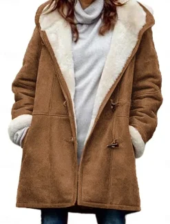 Hot Women's Fleece Jacket Teddy Coat Hoodie Jacket Warm Breathable Zipper Pocket Fleece Lined Casual Plain Vacation Street Daily Wear Going out Zipper Regular Hoodie Regular Fit Long Sleeve Outerwear Red Women Puffers & Parka|Jackets