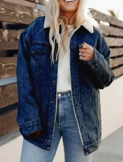Clearance Women's Fleece Jacket Teddy Coat Denim Jacket Warm Breathable Pocket Fleece Lined Casual Plain Vacation Street Daily Wear Going out Single Breasted Regular Turndown Regular Fit Long Sleeve Outerwear Women Jackets