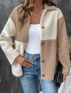 Discount Women's Fleece Jacket Teddy Coat Warm Breathable Buttons Pocket Fleece Lined Casual Plain Vacation Street Daily Wear Going out Single Breasted Regular Turndown Regular Fit Long Sleeve Outerwear Women Jackets