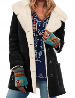 Hot Women's Fleece Jacket Teddy Coat Warm Breathable Buttons Pocket Fleece Lined Casual Plain Vacation Street Daily Wear Going out Single Breasted Regular Turndown Regular Fit Long Sleeve Outerwear Black Women Puffers & Parka