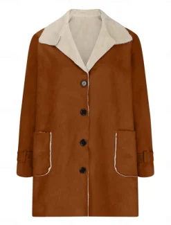Hot Women's Fleece Jacket Teddy Coat Warm Breathable Buttons Pocket Fleece Lined Casual Plain Vacation Street Daily Wear Going out Single Breasted Regular Turndown Regular Fit Long Sleeve Outerwear Black Women Puffers & Parka