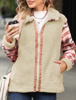 Sale Women's Fleece Jacket Teddy Coat Hoodie Jacket Warm Breathable Zipper Pocket Fleece Lined Vintage Casual Geometric Vacation Street Daily Wear Going out Zipper Regular Turndown Regular Fit Long Sleeve Women Jackets|Coats & Trench Coats