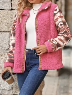 Sale Women's Fleece Jacket Teddy Coat Hoodie Jacket Warm Breathable Zipper Pocket Fleece Lined Vintage Casual Geometric Vacation Street Daily Wear Going out Zipper Regular Turndown Regular Fit Long Sleeve Women Jackets|Coats & Trench Coats