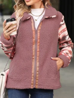 Sale Women's Fleece Jacket Teddy Coat Hoodie Jacket Warm Breathable Zipper Pocket Fleece Lined Vintage Casual Geometric Vacation Street Daily Wear Going out Zipper Regular Turndown Regular Fit Long Sleeve Women Jackets|Coats & Trench Coats