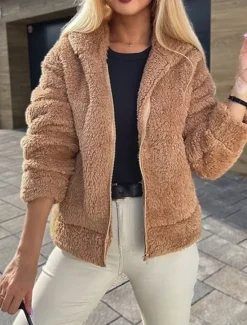 Outlet Women's Fleece Jacket Teddy Coat Hoodie Jacket Warm Breathable Zipper Fleece Lined Casual Plain Vacation Street Daily Wear Going out Zipper Short Hoodie Regular Fit Long Sleeve Outerwear White Blue Women Jackets