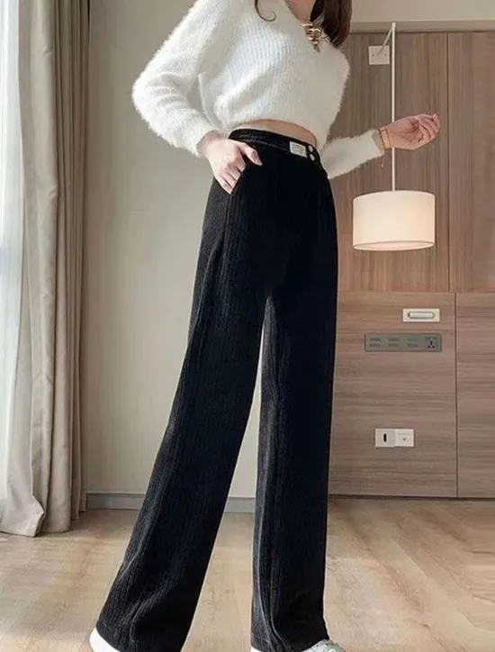 Sale Women's Fleece Pants Wide Leg Pants Trousers Full Length Baggy Micro-elastic High Waist Fashion Streetwear Outdoor Street Black White S M Fall Winter Women Pants