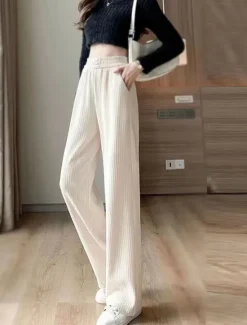 Sale Women's Fleece Pants Wide Leg Pants Trousers Full Length Baggy Micro-elastic High Waist Fashion Streetwear Outdoor Street Black White S M Fall Winter Women Pants
