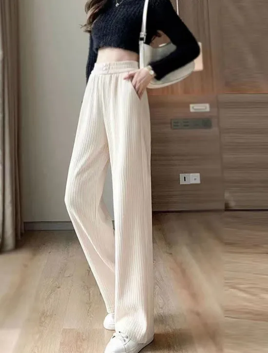Sale Women's Fleece Pants Wide Leg Pants Trousers Full Length Baggy Micro-elastic High Waist Fashion Streetwear Outdoor Street Black White S M Fall Winter Women Pants
