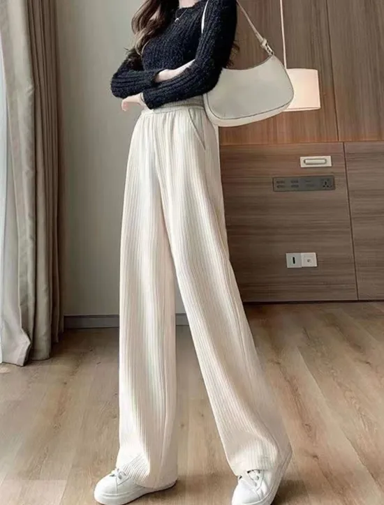 Sale Women's Fleece Pants Wide Leg Pants Trousers Full Length Baggy Micro-elastic High Waist Fashion Streetwear Outdoor Street Black White S M Fall Winter Women Pants