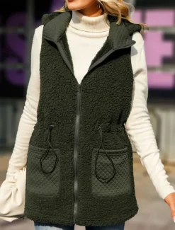 Outlet Women's Fleece Vest Teddy Coat Warm Breathable Zipper Pocket Fleece Lined Casual Plain Vacation Street Daily Wear Going out Zipper Regular Hoodie Regular Fit Sleeveless Outerwear Fall Women Vest