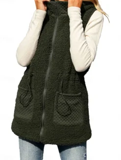 Outlet Women's Fleece Vest Teddy Coat Warm Breathable Zipper Pocket Fleece Lined Casual Plain Vacation Street Daily Wear Going out Zipper Regular Hoodie Regular Fit Sleeveless Outerwear Fall Women Vest