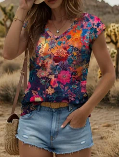 Clearance Women's Floral Camisole Tank Top Graphic Plants Vintage Stylish Classic Sleeveless Short Sleeve V Neck Regular Tops Daily Print Yellow Red Blue Purple Green Summer Spring Women Tank Tops & Camis|T-Shirts