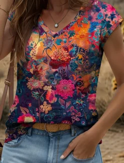 Clearance Women's Floral Camisole Tank Top Graphic Plants Vintage Stylish Classic Sleeveless Short Sleeve V Neck Regular Tops Daily Print Yellow Red Blue Purple Green Summer Spring Women Tank Tops & Camis|T-Shirts