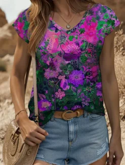 Clearance Women's Floral Camisole Tank Top Graphic Plants Vintage Stylish Classic Sleeveless Short Sleeve V Neck Regular Tops Daily Print Yellow Red Blue Purple Green Summer Spring Women Tank Tops & Camis|T-Shirts