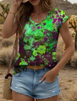 Clearance Women's Floral Camisole Tank Top Graphic Plants Vintage Stylish Classic Sleeveless Short Sleeve V Neck Regular Tops Daily Print Yellow Red Blue Purple Green Summer Spring Women Tank Tops & Camis|T-Shirts