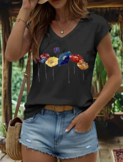 Discount Women's Floral Camisole Tank Top Vintage Stylish Classic Sleeveless Short Sleeve V Neck Regular Tops Daily Print Black White Yellow Pink Blue Summer Spring Women Tank Tops & Camis|T-Shirts