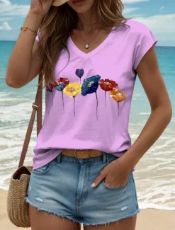 Discount Women's Floral Camisole Tank Top Vintage Stylish Classic Sleeveless Short Sleeve V Neck Regular Tops Daily Print Black White Yellow Pink Blue Summer Spring Women Tank Tops & Camis|T-Shirts
