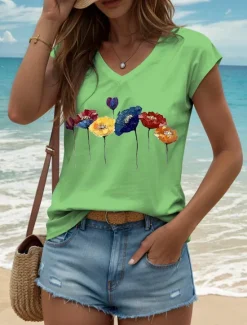 Discount Women's Floral Camisole Tank Top Vintage Stylish Classic Sleeveless Short Sleeve V Neck Regular Tops Daily Print Black White Yellow Pink Blue Summer Spring Women Tank Tops & Camis|T-Shirts