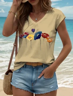 Discount Women's Floral Camisole Tank Top Vintage Stylish Classic Sleeveless Short Sleeve V Neck Regular Tops Daily Print Black White Yellow Pink Blue Summer Spring Women Tank Tops & Camis|T-Shirts