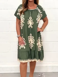 Outlet Women's Floral Crew Neck Mini Dress Short Sleeve Spring Fall Women Floral Dresses