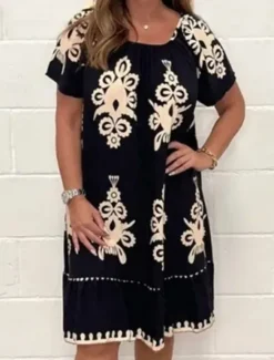 Outlet Women's Floral Crew Neck Mini Dress Short Sleeve Spring Fall Women Floral Dresses