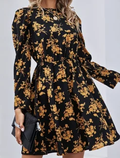 Hot Women's Floral Crew Neck Maxi Dress Long Sleeve Spring Fall Women Spring Dresses