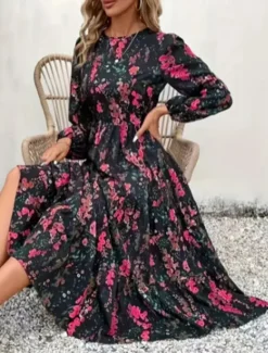 New Women's Floral Crew Neck Midi Dress Long Sleeve Summer Spring Women Floral Dresses