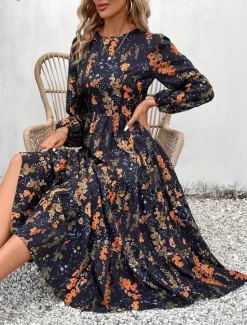 New Women's Floral Crew Neck Midi Dress Long Sleeve Summer Spring Women Floral Dresses