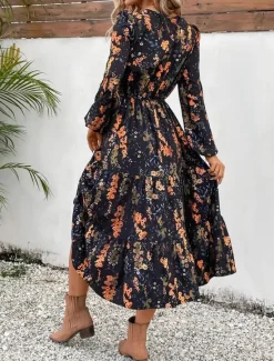 New Women's Floral Crew Neck Midi Dress Long Sleeve Summer Spring Women Floral Dresses