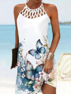 Hot Women's Floral Cut Out Print Halter Neck Mini Dress Daily Vacation Sleeveless Summer Spring Women Floral Dresses|Spring Dresses