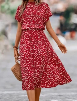 New Women's Floral Ditsy Floral Print Crew Neck Midi Dress Date Short Sleeve Summer Spring Women Floral Dresses|Spring Dresses