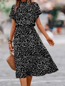 New Women's Floral Ditsy Floral Print Crew Neck Midi Dress Date Short Sleeve Summer Spring Women Floral Dresses|Spring Dresses