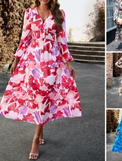Discount Women's Floral Geometric Ruched Print V Neck Midi Dress Daily Vacation Long Sleeve Spring Fall Women Spring Dresses